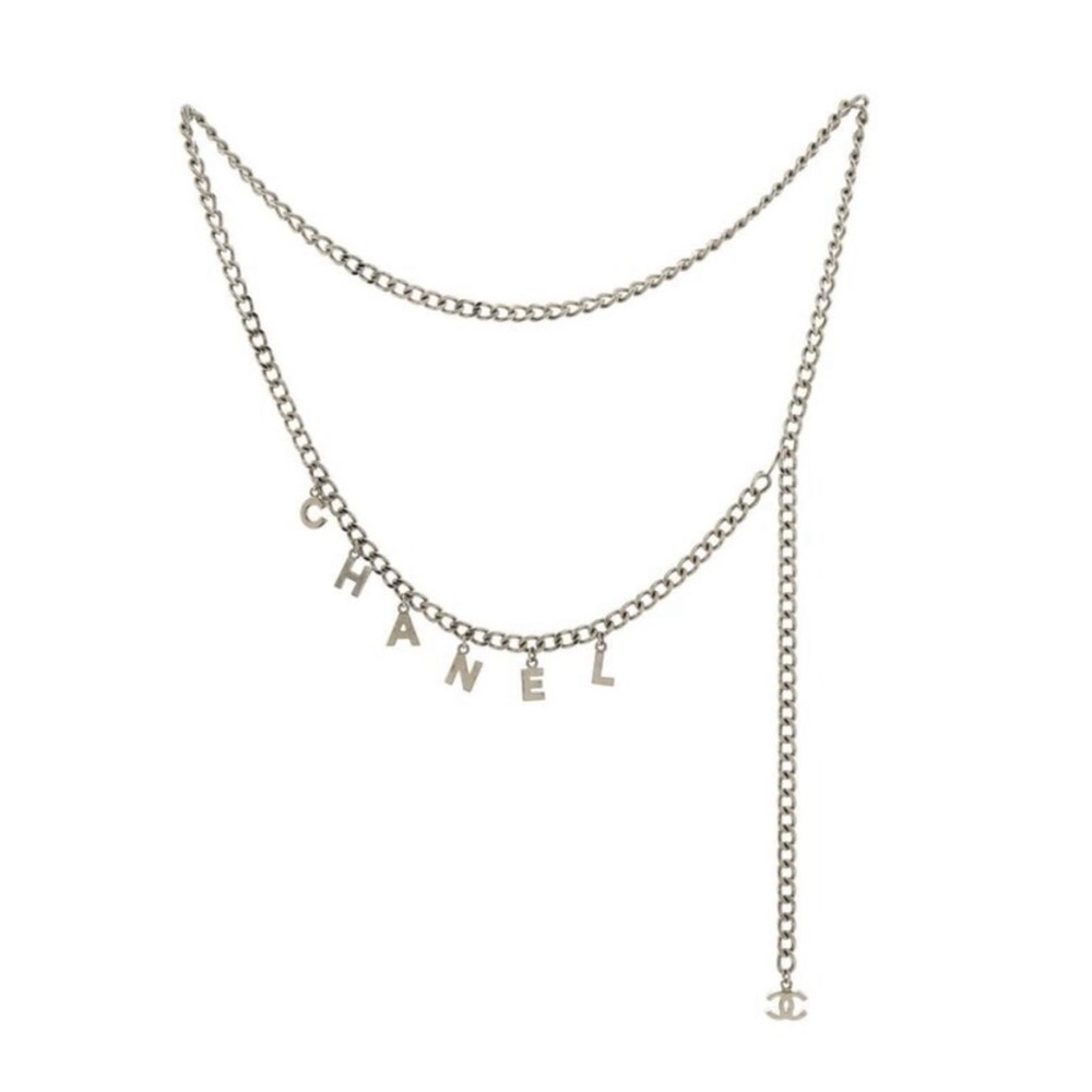 CHANEL SILVER TONE CHAIN LOGO BELT